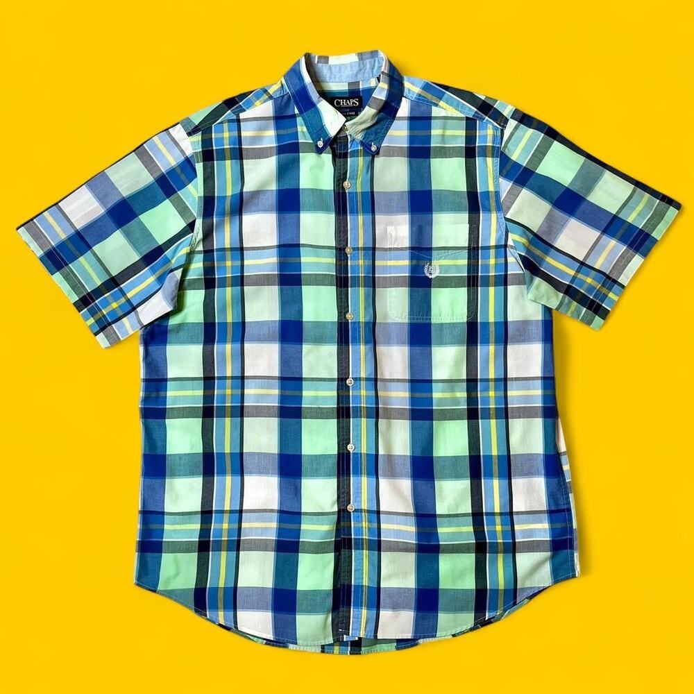 Chaps Easy Care Plaid Button-Down Shirt XLT Blue Green Check